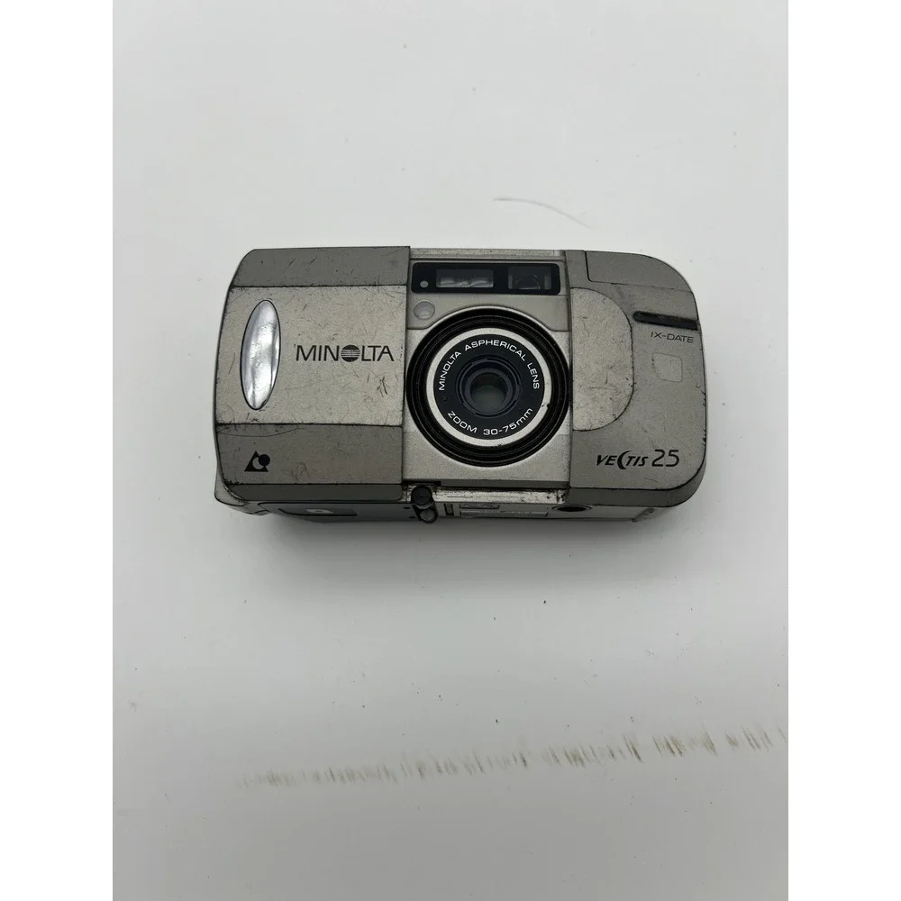 Minolta Vectis 25 IX-DATE APS Film Camera Silver Black 30-75mm Zoom Lens WORKS
